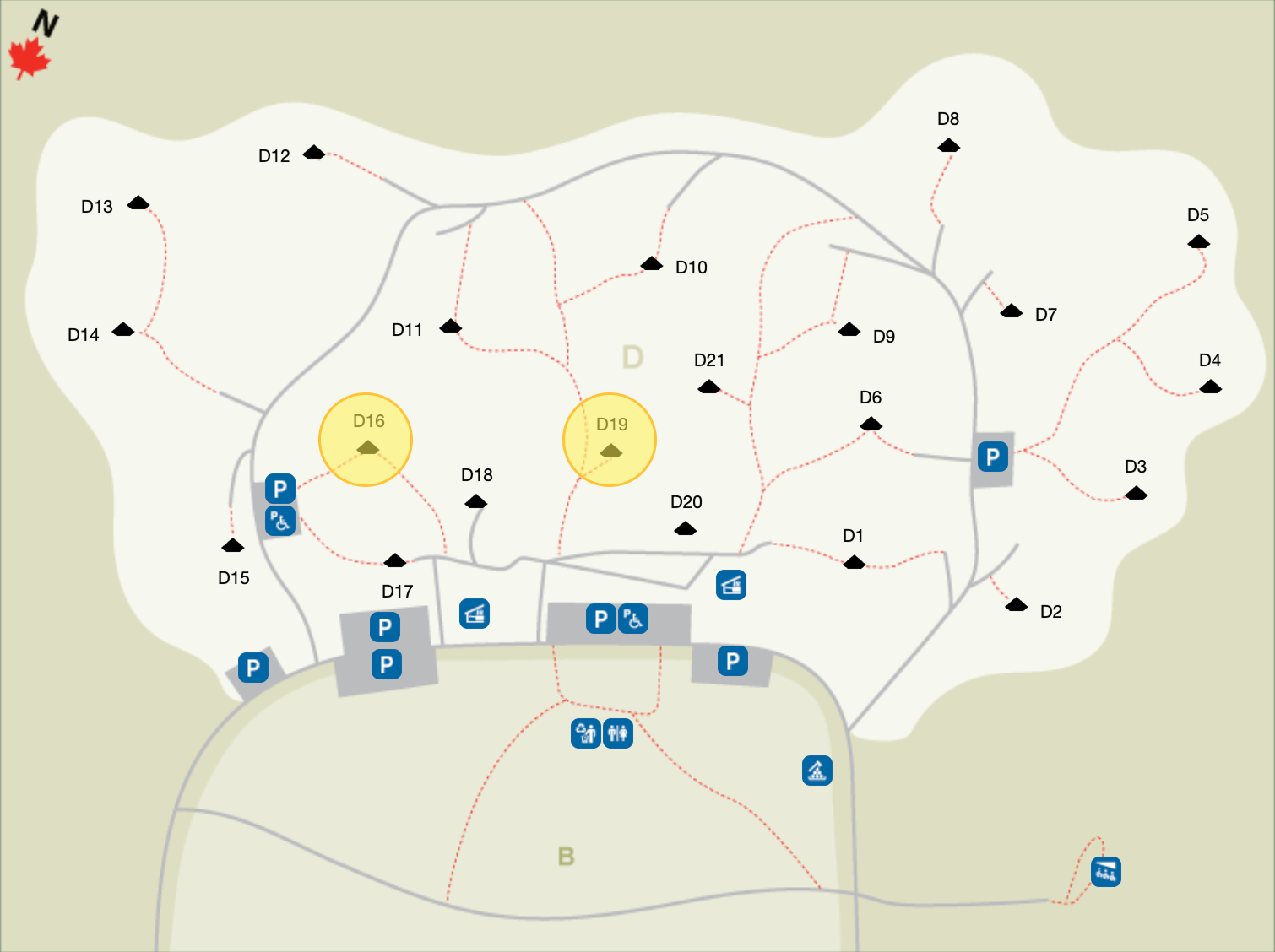 Map showing our booked sites D16 and D19 at Tunnel Mountain Village II